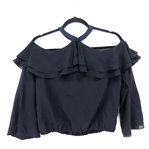 Alice + Olivia Silk Halter Top Size XS Cold Shoulder Ruffle Blouse Black - Picture 1 of 12